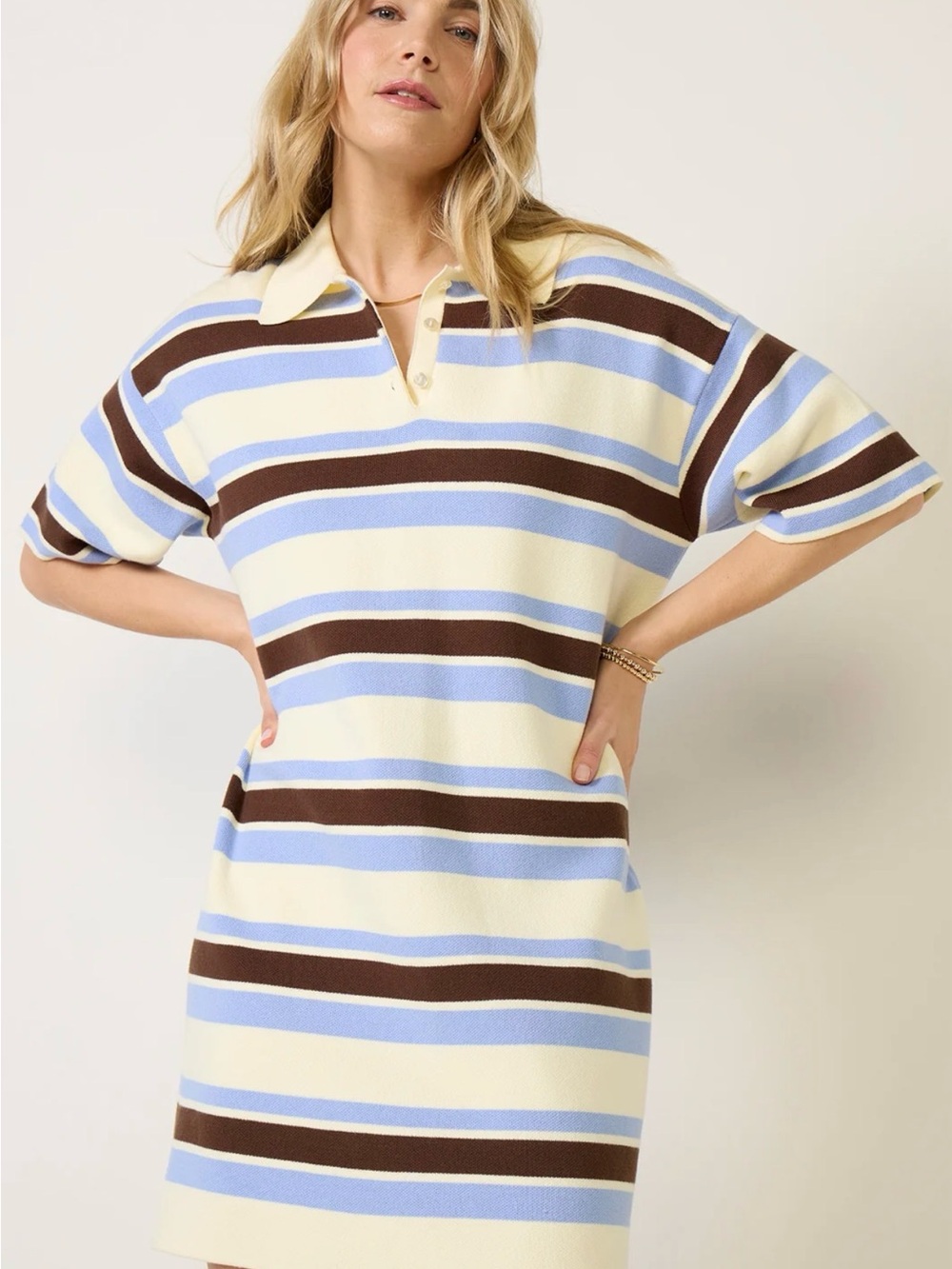 Striped Polo Dress in Cream, Blue & Brown